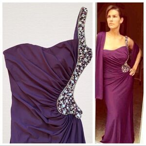 Evening Dress 1 Shoulder Gown Purple Beaded Cutout Embellished NEW
